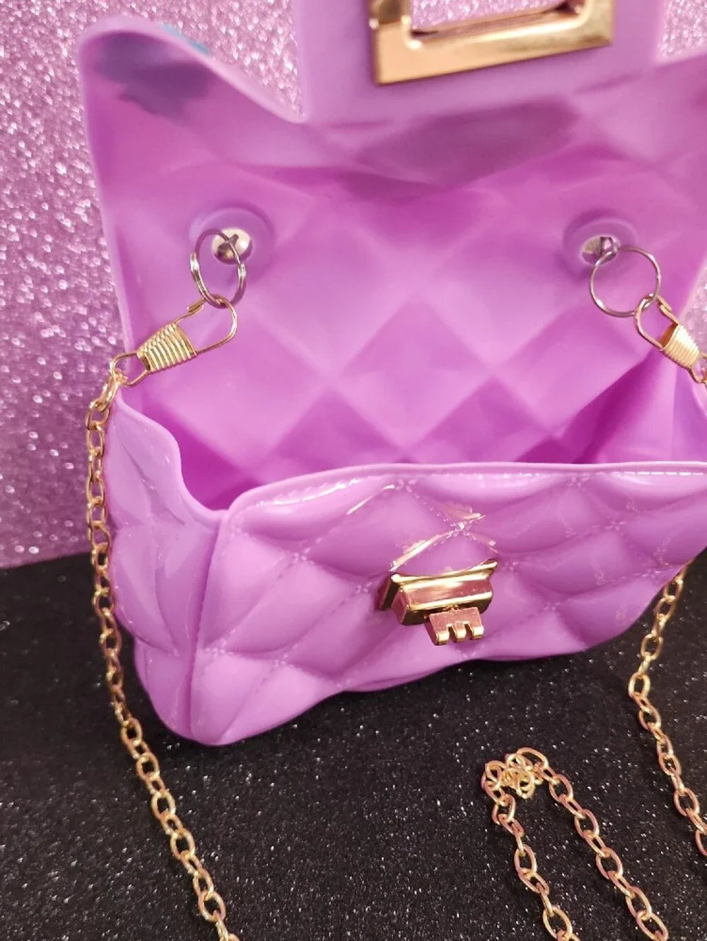 Kids Purple Unicorn Pearl-Handle Mini Bag with Gold Chain